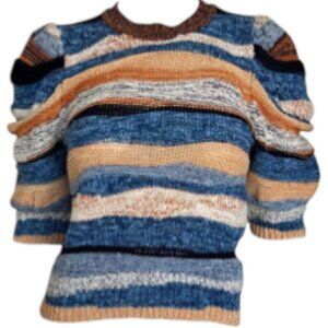 Ulla Johnson Odie Striped Knit Top Aegean Blue Gold Puff Sleeve Cotton Blend Med